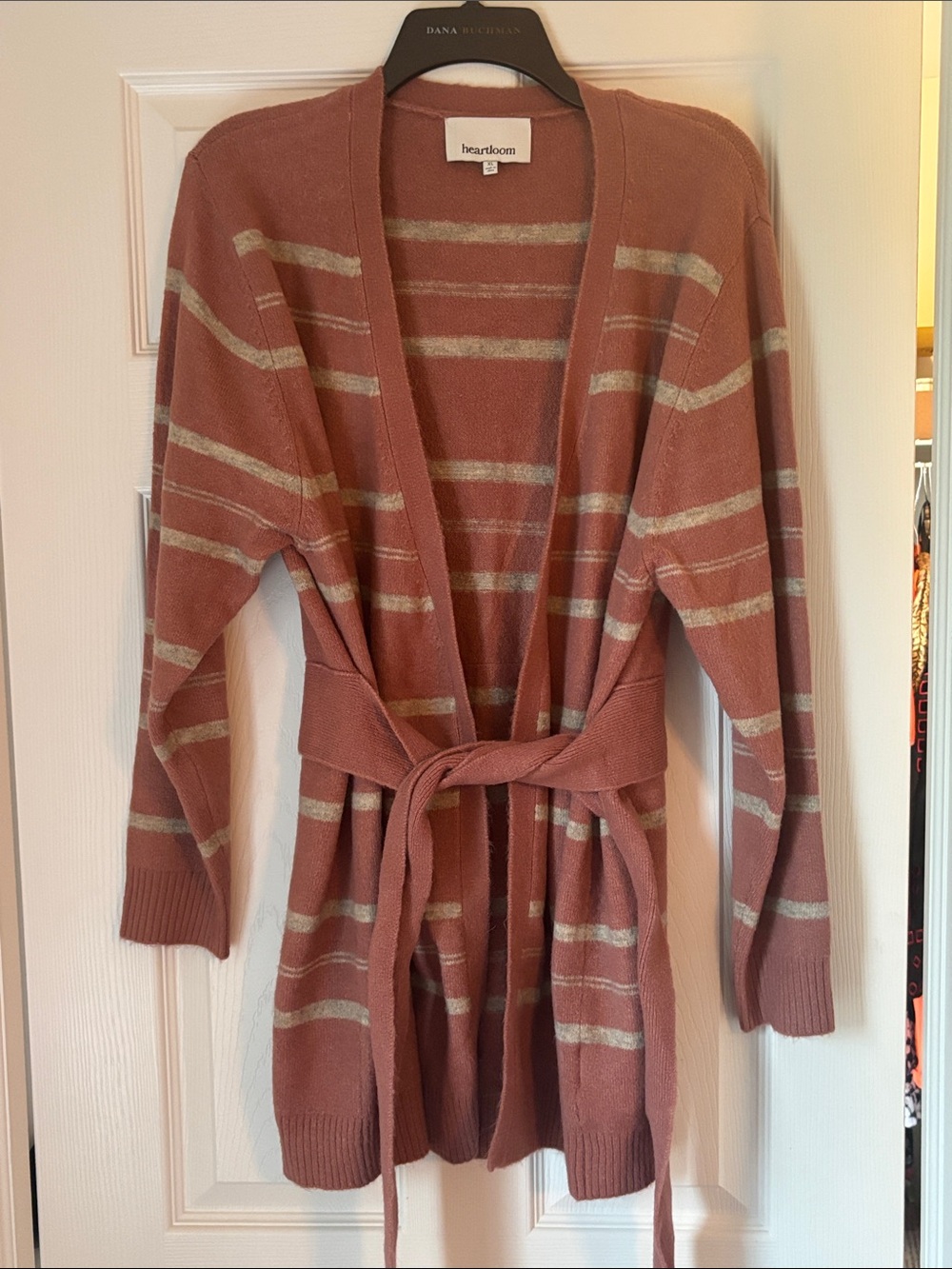 Heartloom Dusty Rose Striped Belted Cardigan